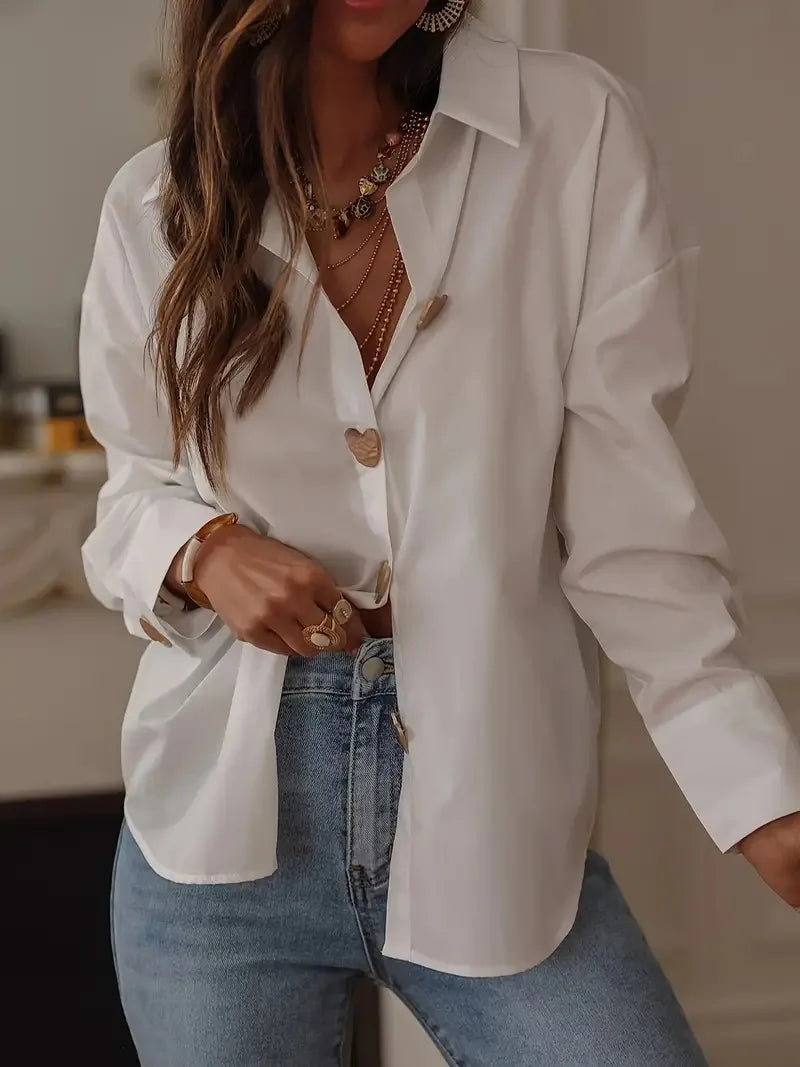 Women Elegant Commute Long Sleeve Shirt Heart Button Down Blouse Casual Office Wear Tops