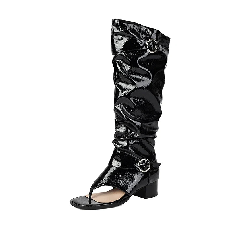 Plus Size Women Open Toe Thong Knee High Boots Metal Buckle Ruched Mid Block Heel Tall Sandal Boots Fashion Streetwear Long Boot