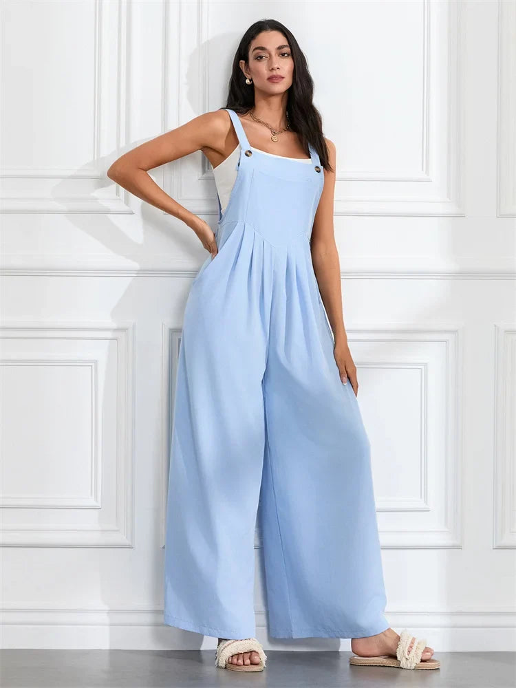 Women Fashion Jumpsuits Sleeveless Buttons Suspender Wide Leg Pant Overalls with Pockets Casual Loose Romper Streetwear