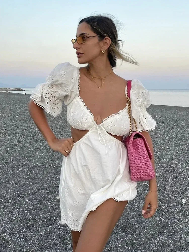 Foridol Lace Summer White Dress Women Puff Sleeve Embriodery Waist Cut Out Beach Short Sexy Cotton Dress Backless 2025 Sundress