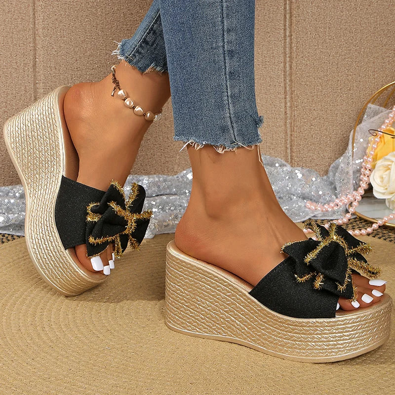 Street Bow Knot Chunky Platform Slippers Women Fashion Round Toe High Heel Sandals Woman Plus Size Wear-Resistant Slides Mujer
