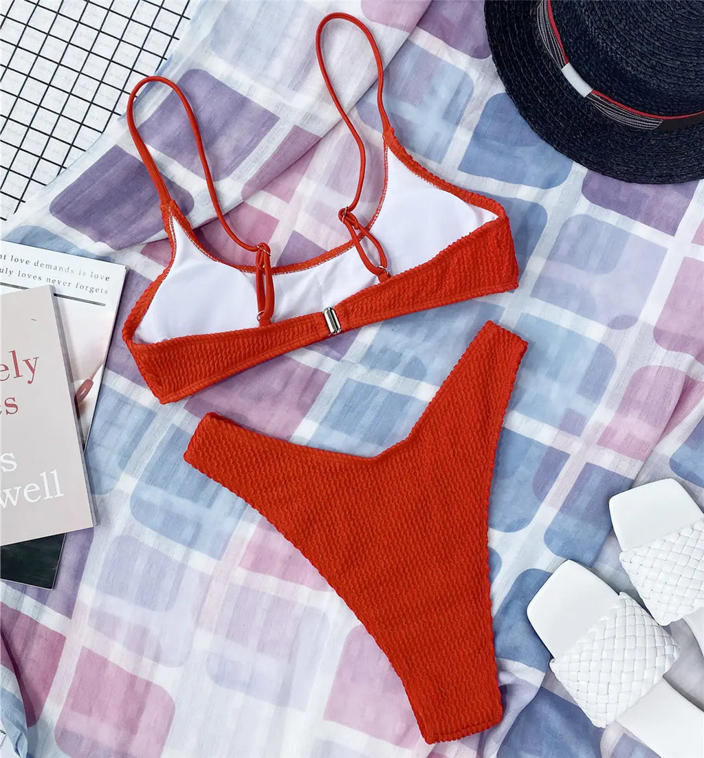 New Sexy Wrinkled Crinkled Bikini Female Swimsuit Women Swimwear Two-Pieces Bikini Set Mid Waist Bather Bathing Suit Swim V3032P