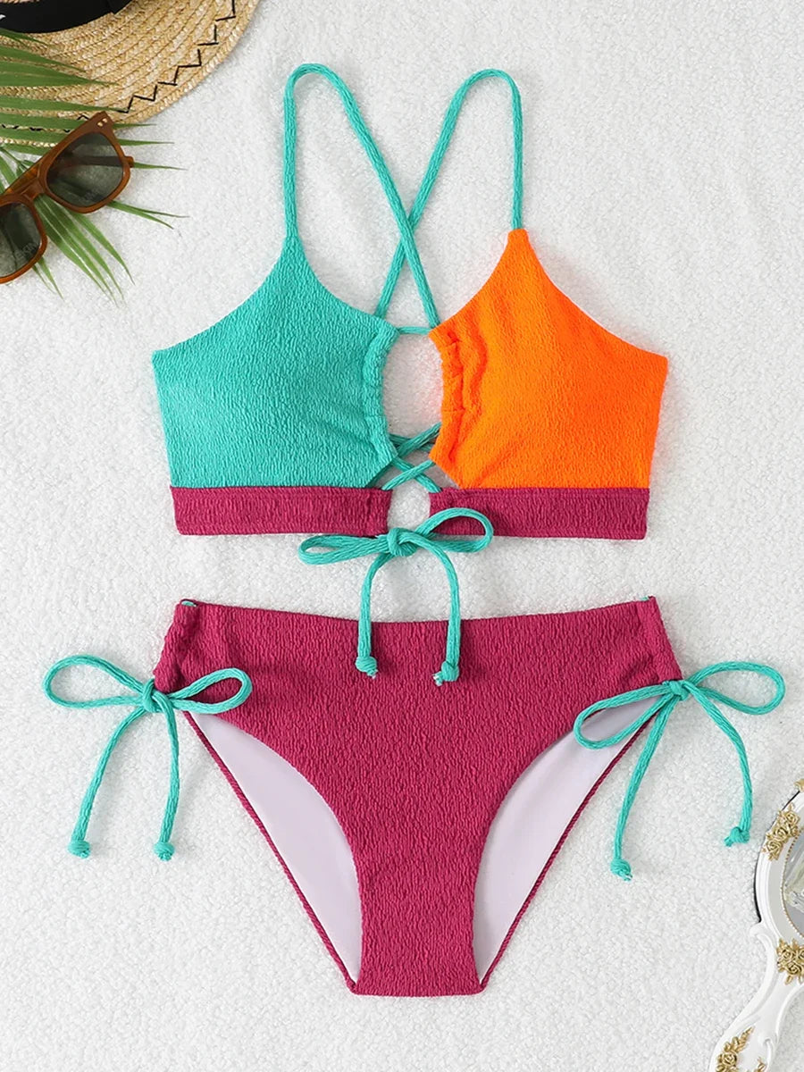 2026 Drawstring Triangle Bikini Women Sexy Color Block Swimwear Female Strappy Swimsuit Bathers Bathing Swimming Swim Suit