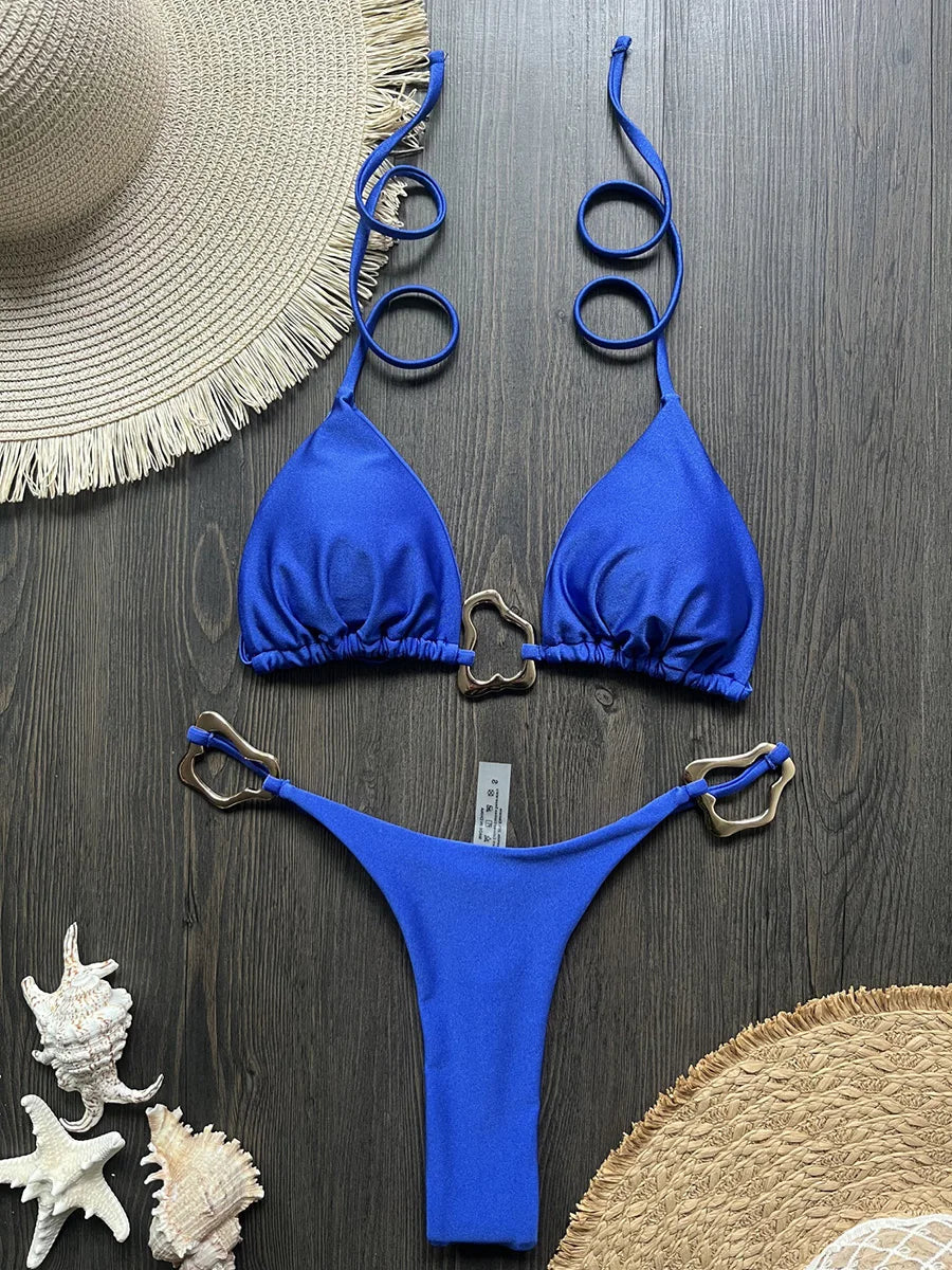 Sparkling Metal Ring Halter Extreme Mini Thong Bikini Female Swimsuit Women Swimwear Two-pieces Bikini Set Bathing Suit Swim