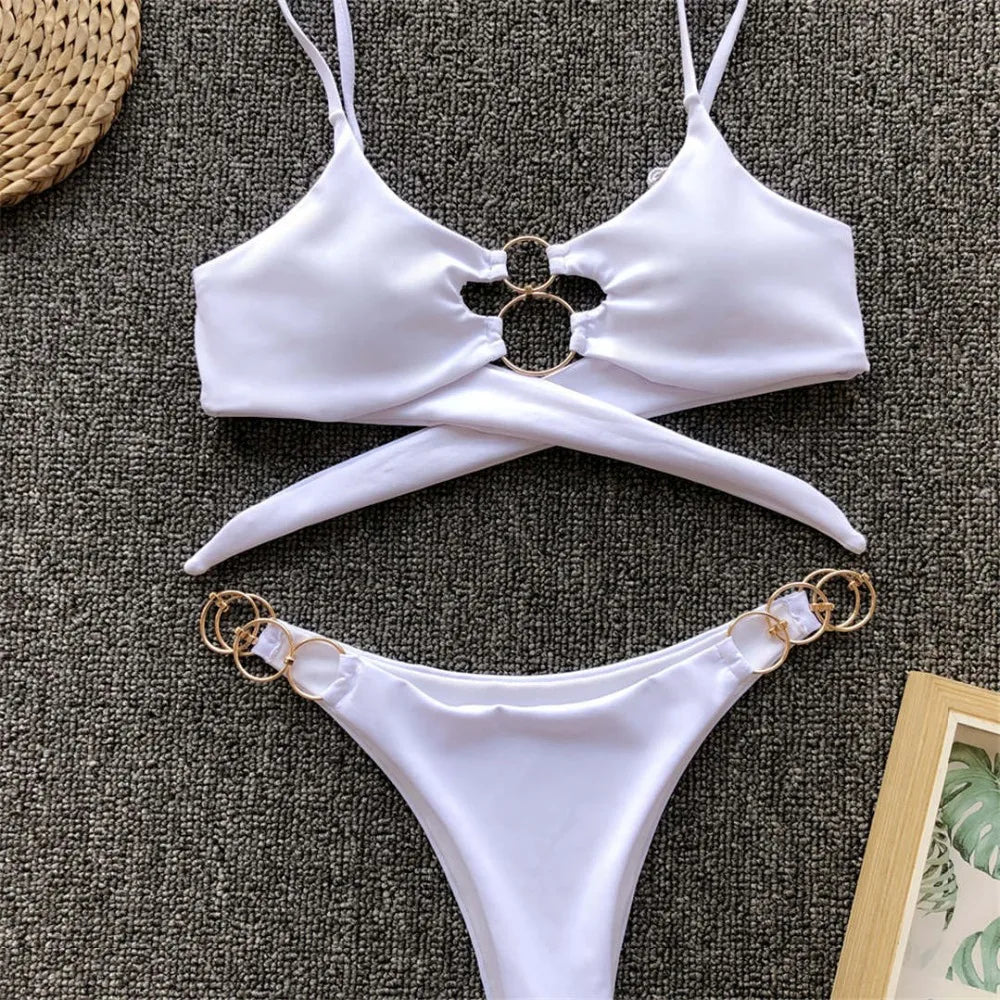 Sexy Metal Rings Leopard Brazilian Bikini Female Swimsuit Women Swimwear Two-piece Bikini set Bather Bathing Suit Swim V1441L