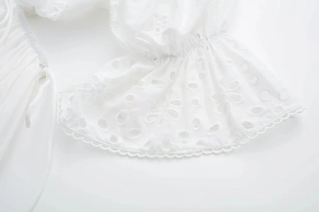 Foridol Lace Summer White Dress Women Puff Sleeve Embriodery Waist Cut Out Beach Short Sexy Cotton Dress Backless 2025 Sundress