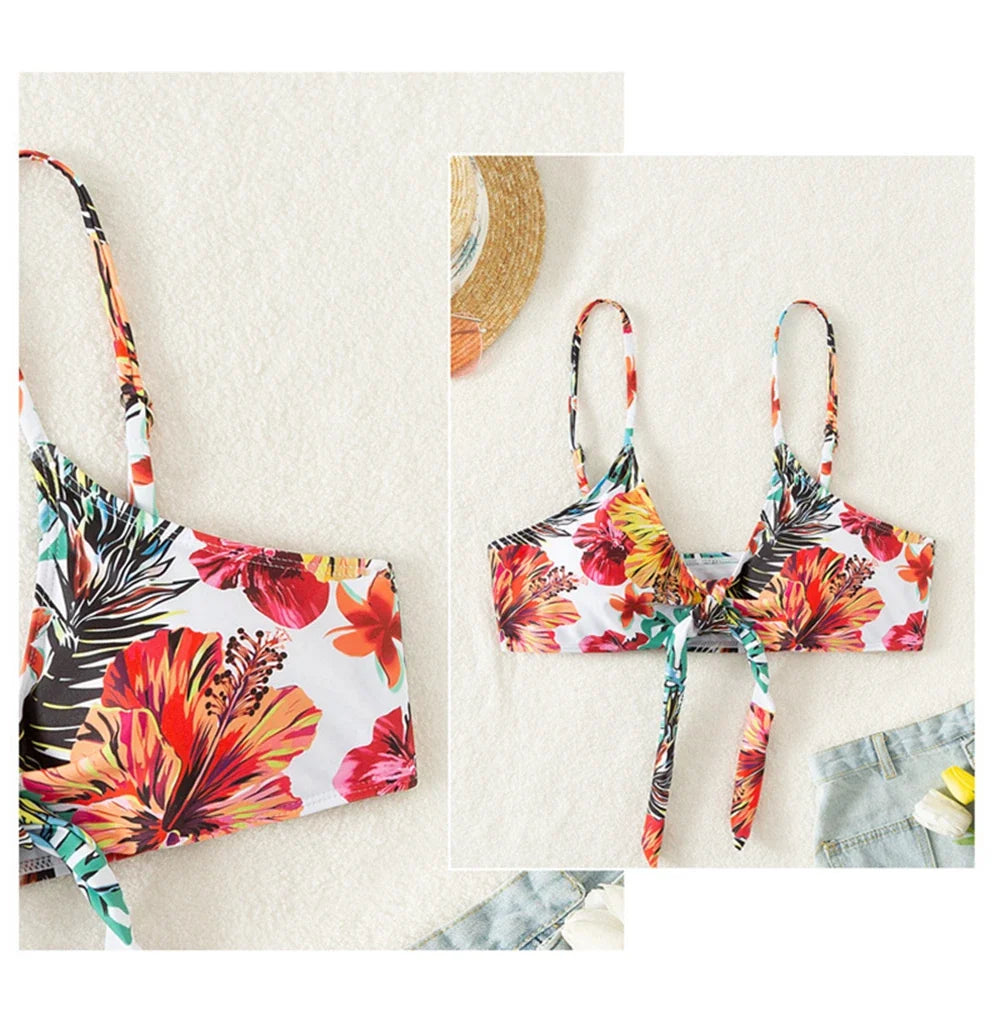 Sexy High Waisted Bikini 3 Pieces Floral Printed Swimsuit Size 3XL-S Women Bikini Set With Mesh Long-Sleeved Blouse Super Sales