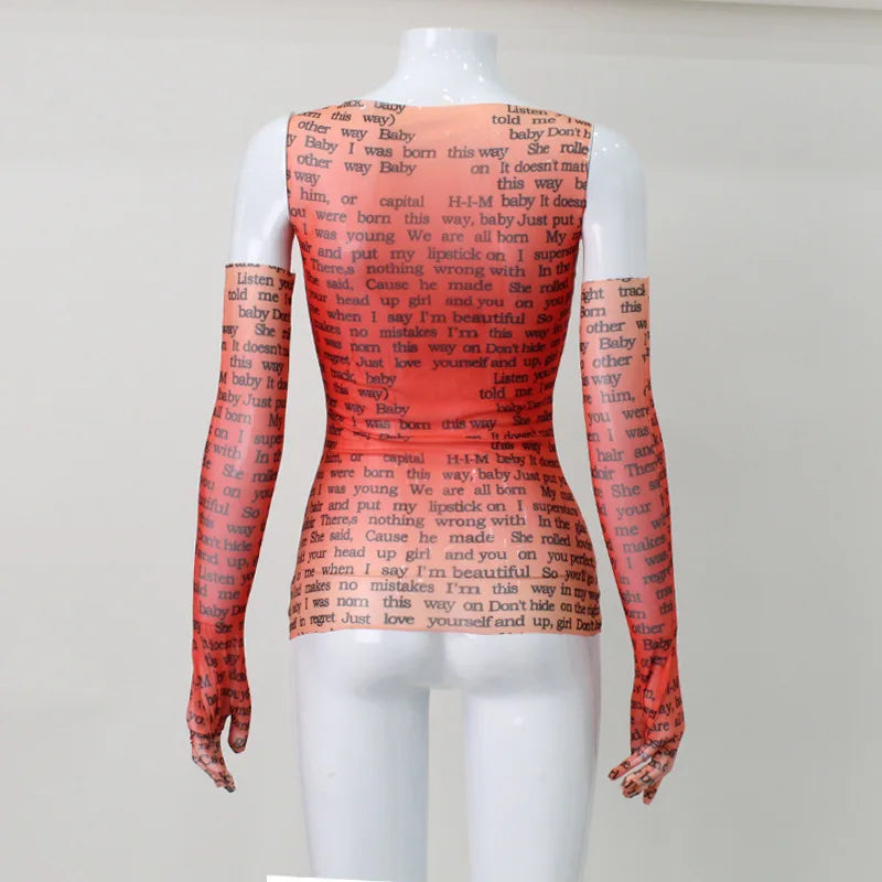 AHAgaga Sexy Tee T-shirt Women 2025 Summer Casual Letter Print Skinny See Through With Gloves Cropped Shirts Women Female Blusas
