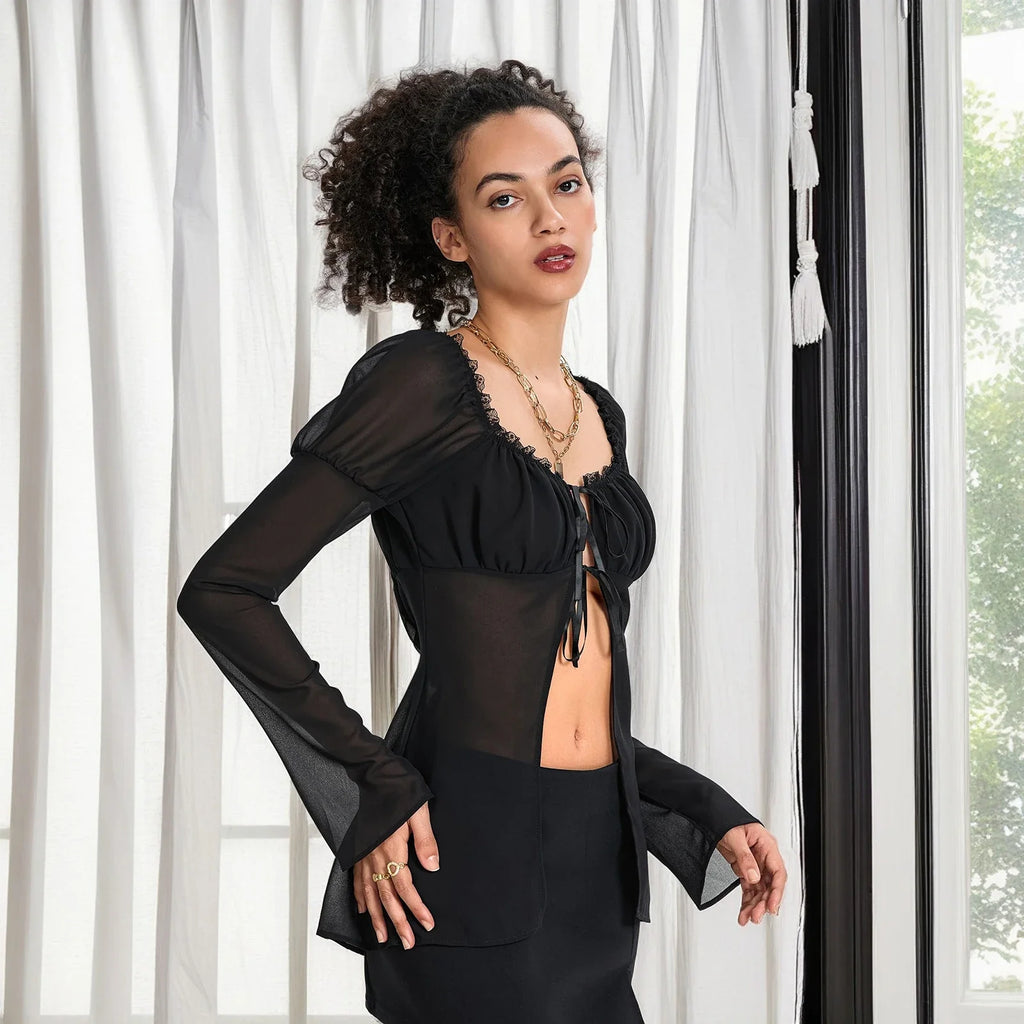 Spring Summer Women Solid Color Split Tie Front Tops See Through Frill Trim Square Neck Long Puff Sleeve Mesh Shirts