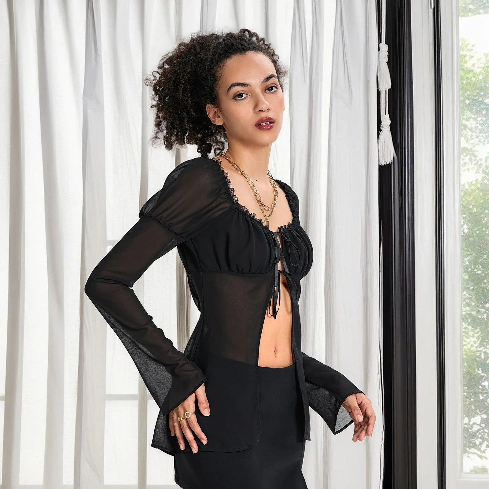 Spring Summer Women Solid Color Split Tie Front Tops See Through Frill Trim Square Neck Long Puff Sleeve Mesh Shirts