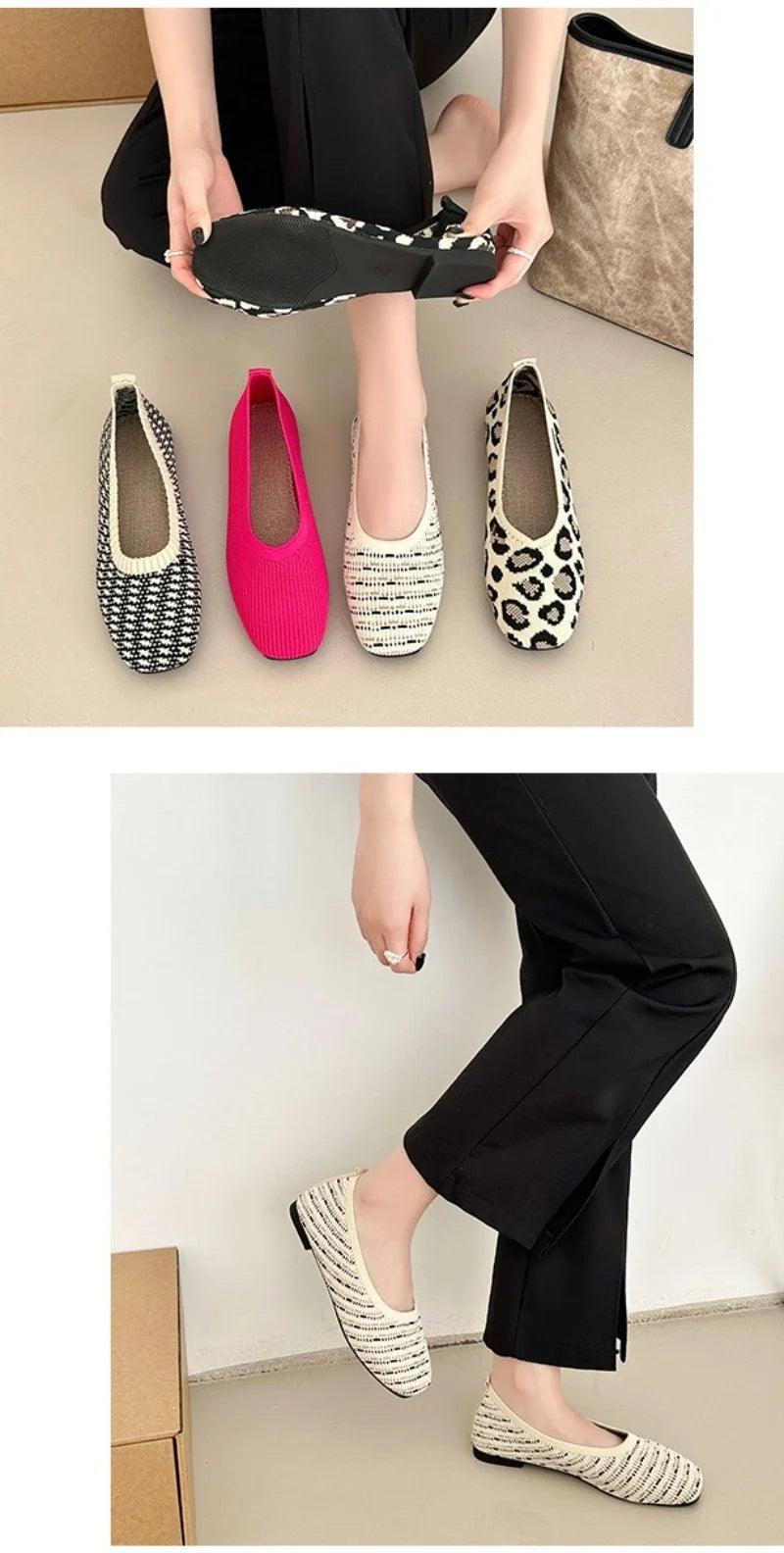 Leopard Color Square Toe Knitted Loafers Women Leisure Flat Shoes Soft Bottom Shallow Ballet Flats Casual Slip on Boat Shoes