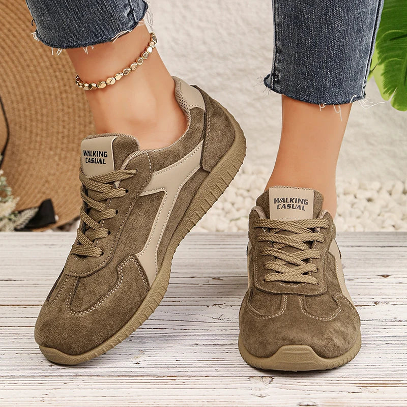 Fashion Gray Suede Flats Sneakers Women Non Slip Lace Up Platform Sneakers Woman Comfortable Thick Sole Sports Running Shoes