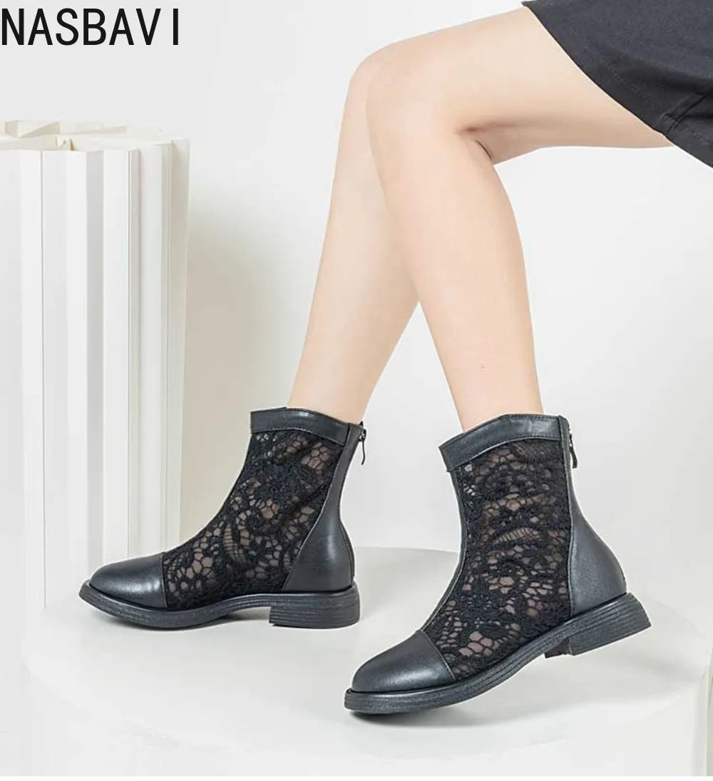 Women White Gladiator Ankle Boots Round Toe Square Heel  Breathable Mesh Large Size 34-45 Sweet Princess Cool Sandals Boots New