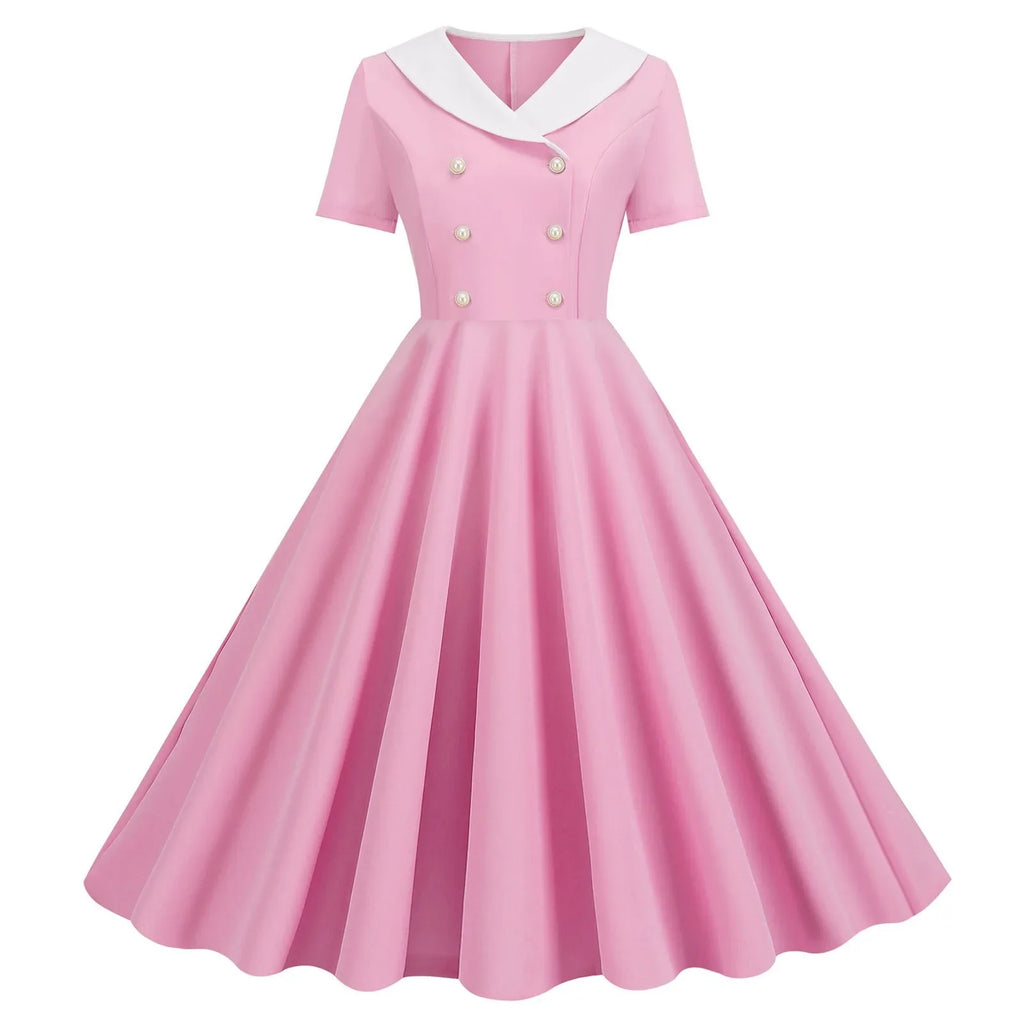 1950s Vintage 50s A-Line Evening Dress Short Sleeves V Neck Button High Waist Dresses Women's Prom Party Midi Dress Vestidos