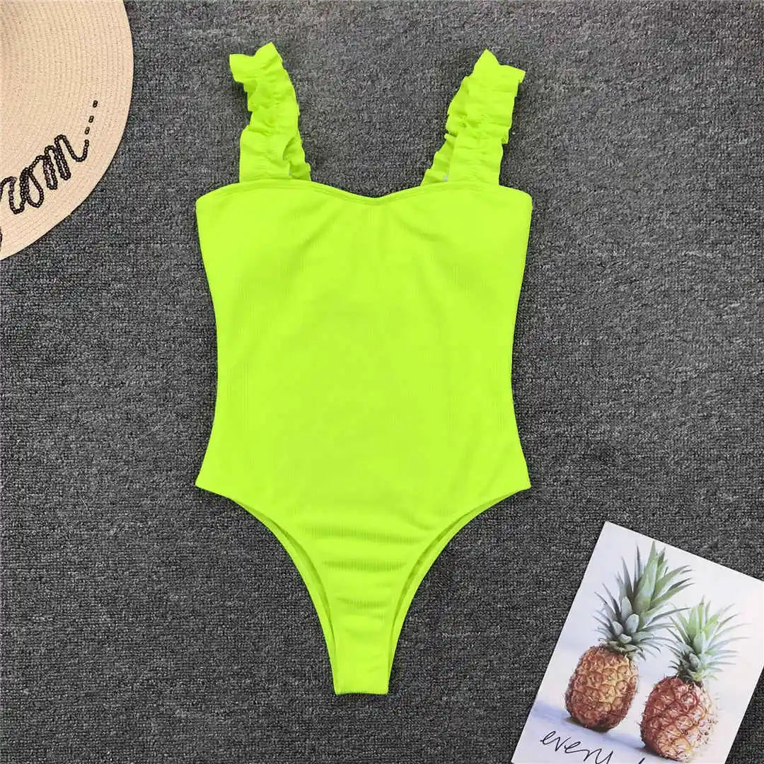 6 Colors Frill Trim Ruffled Sexy Women Swimwear One Piece Swimsuit Female Ribbed Bather Bathing Suit Swim Wear Monokini V1668