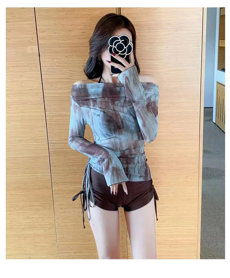 Swimsuit Women's Split Three-piece Long-sleeved Fashion Tie-dye Blouse Sexy Bikini Conservative and Slim Swimsuit