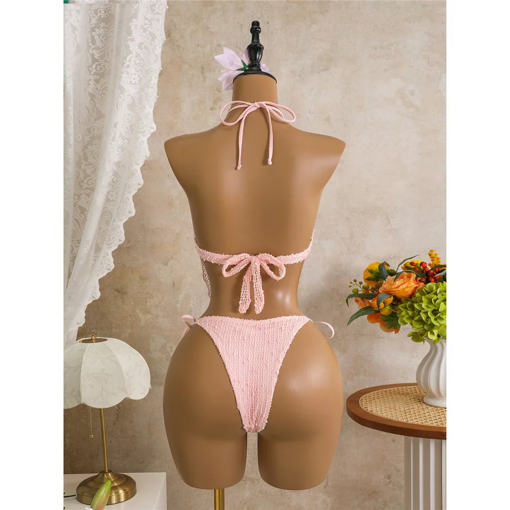 New Hollow Out Tankini Halter Bikini Female Swimsuit Women Swimwear Two-pieces Bikini set Strappy Bather Bathing Suit Swim V8076