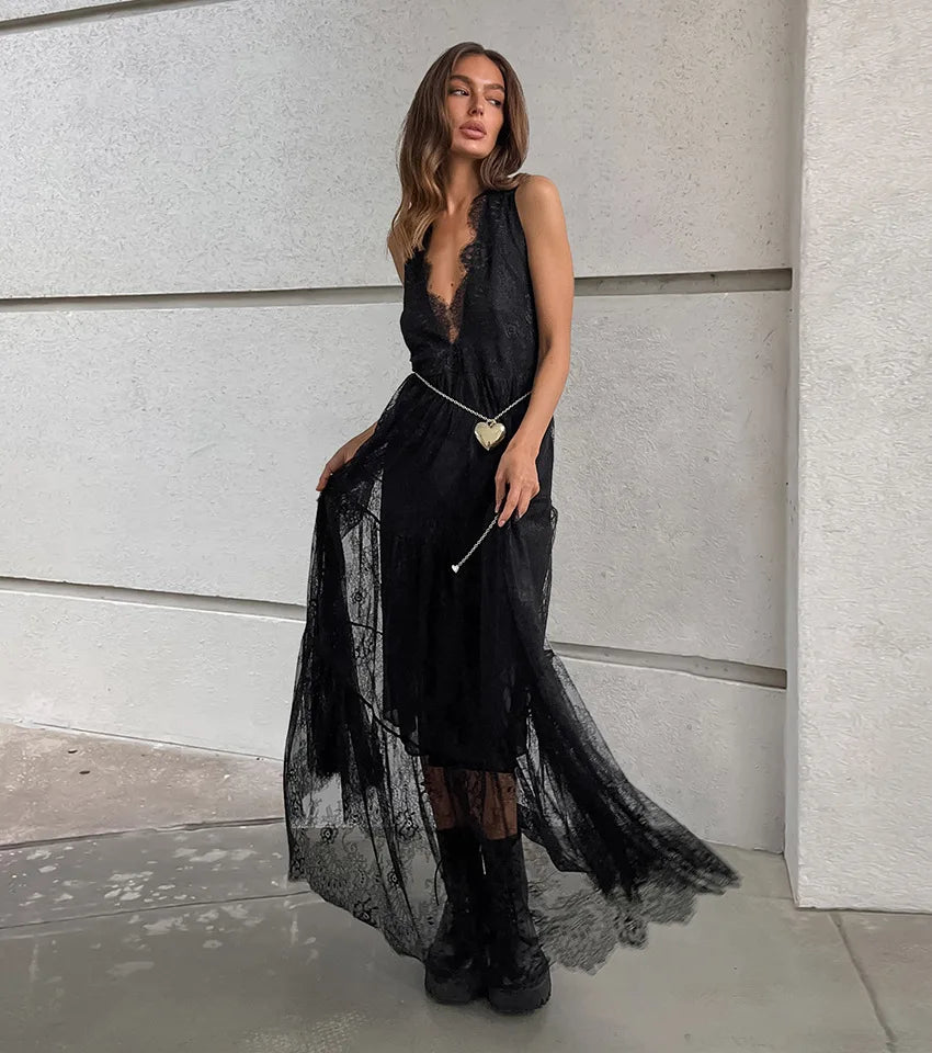Sexy Deep V-neck Sleeveless Lace Dress Streetwear Women 2026 Backless Tunics A-line Party Dresses Long Maxi Robe Black White