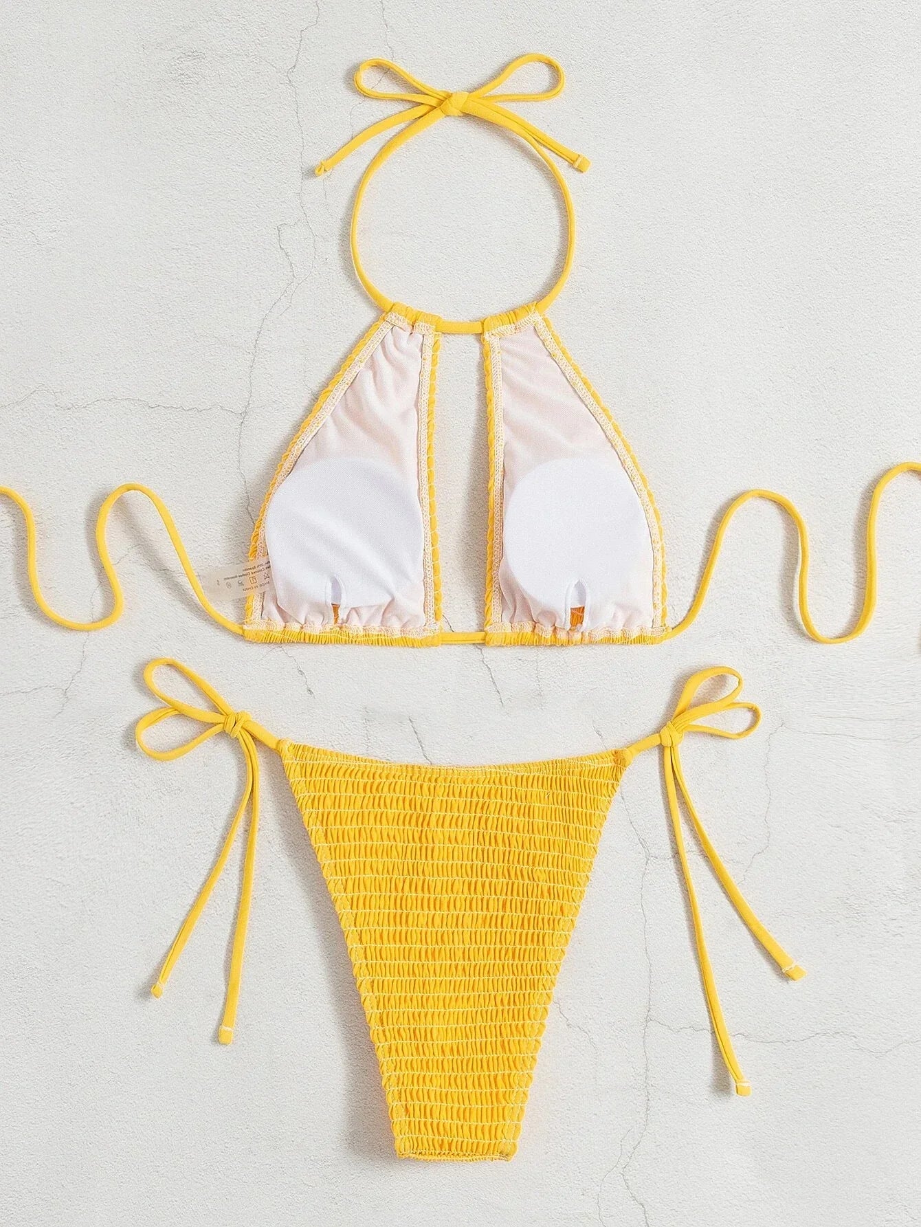 2025 Halter Tie Side Hollow Out Smocked Bikini Women Swimsuit Female Swimwear Two Pieces Bikini Set Swim Bathing Suit Beach Wear