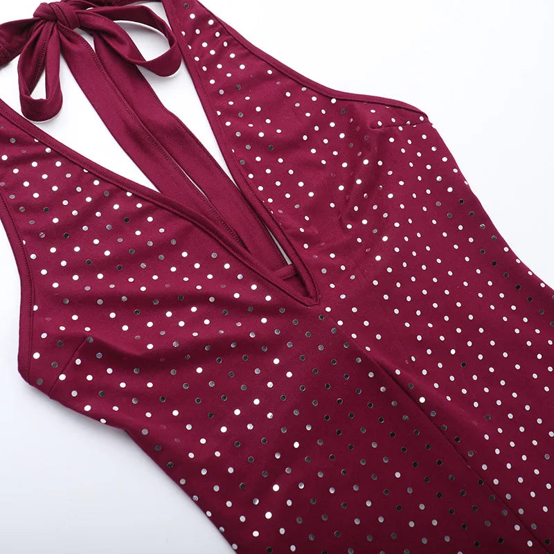 Sexy Halter Backless Rompers Short Jumpsuit Wine Red Black Deep V-neck Backless Lace-up Rhinestones Playsuit Female Bodysuit