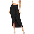 Women's High Waisted Ruched Maxi Skirt Pleated Solid Asymmetrical Split Hem Long Skirt Casual Draped Wrap Bodycon Summer Skirts