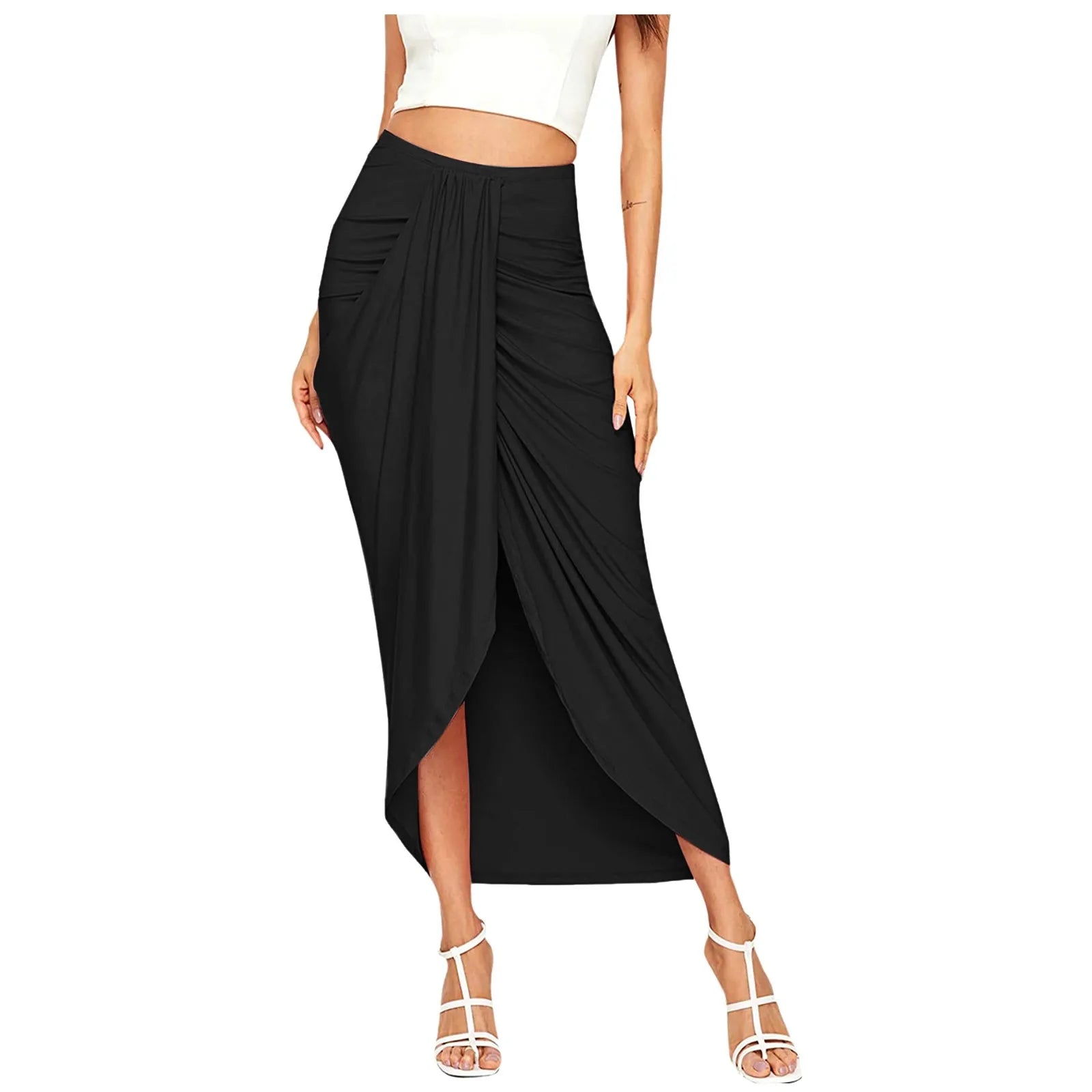 Women's High Waisted Ruched Maxi Skirt Pleated Solid Asymmetrical Split Hem Long Skirt Casual Draped Wrap Bodycon Summer Skirts