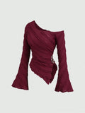 Women's Casual Textured Fabric Asymmetric Hem Flared Sleeves Blouse Commute Side Metal Decor One Shoulder Tops Spring/Fall 2026