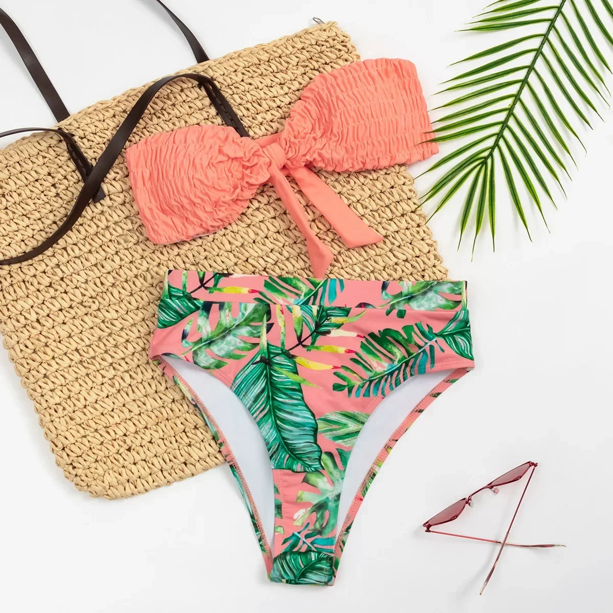 2026 Sexy Bikini Bandeau Women Push Up Swimwear Swimsuit Pleated Leaf Print High Waist Backless Bikinis Set Beach Bathing Suit
