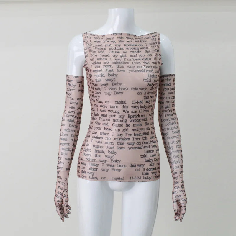 AHAgaga Sexy Tee T-shirt Women 2025 Summer Casual Letter Print Skinny See Through With Gloves Cropped Shirts Women Female Blusas