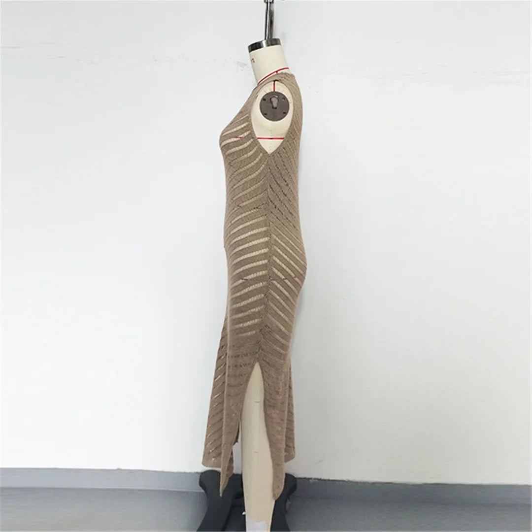 Hollow Out Sleeveless Crochet Knitted Tunic Beach Cover Up Cover-ups Mini Beach Dress Beach Wear Beachwear Female Women V6745