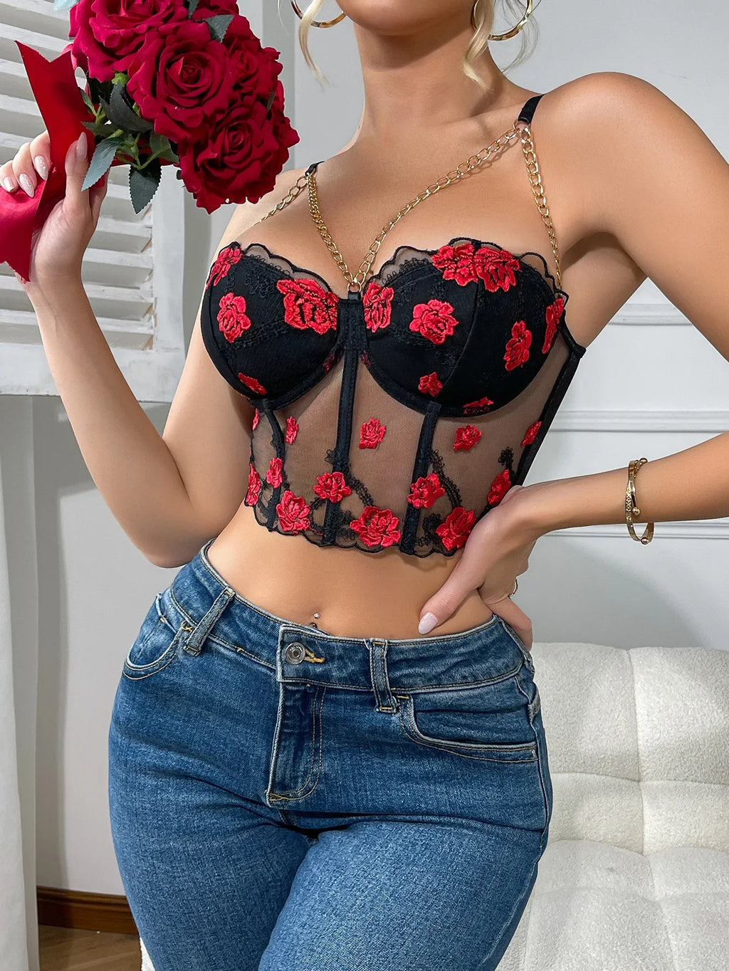 Spicy Girl Fishbone Bra Floral Strap Camisole Sexy Underwire Tube Top Flower Embroidered Top Transparent Pure Desire Casaul OCI1