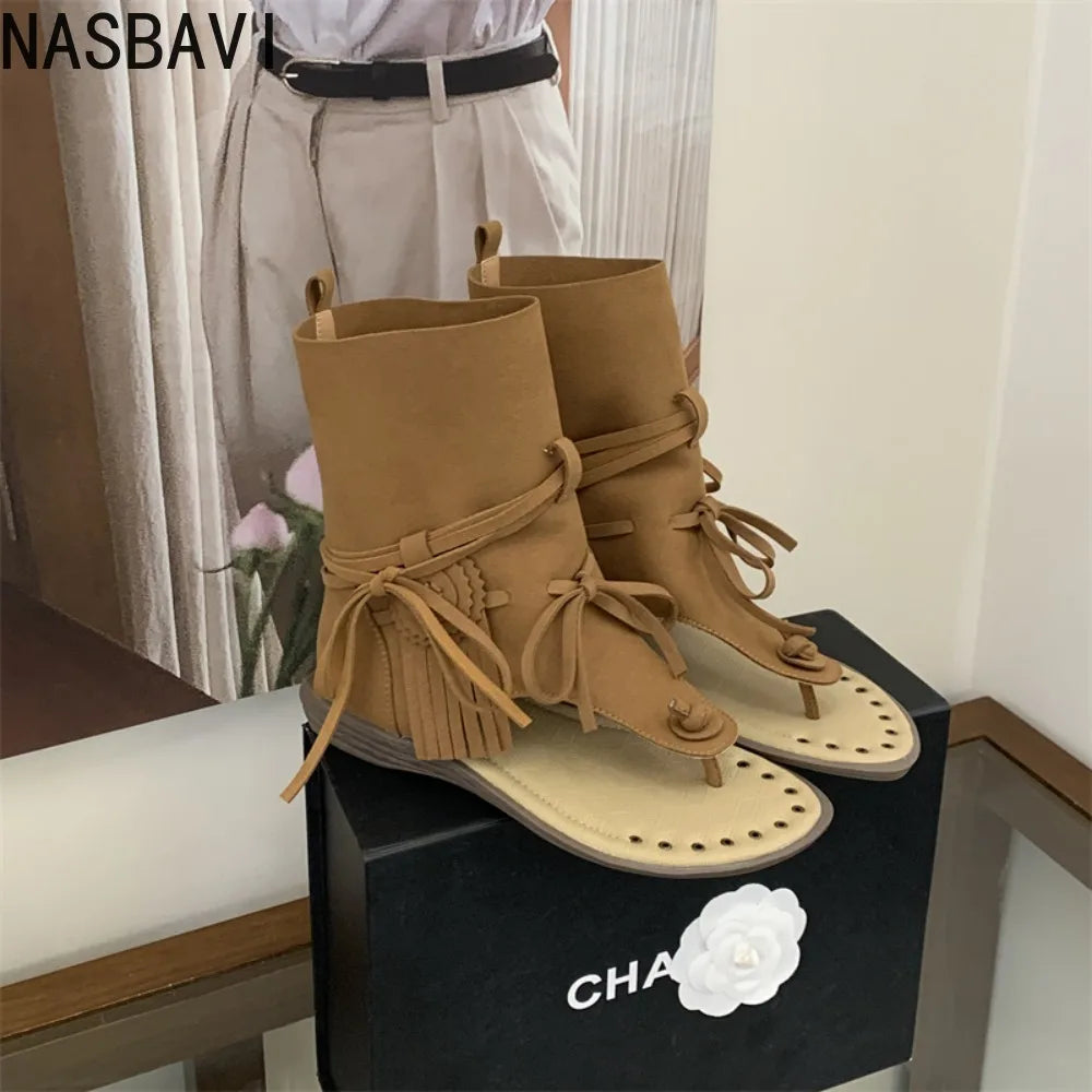 Summer Fashionable Flat Bottom Women's Gladiator Roman Short Ankle Cool Boots Korean Style Tassel Retro Sandals 2026