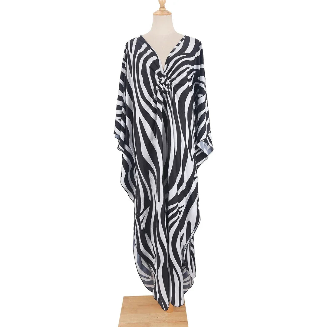 Sexy Zebra Printed V Neck Tunic Beach Cover Up Cover-ups Beach Dress Beach Wear Beachwear Beach Long Dress Female Women V4159