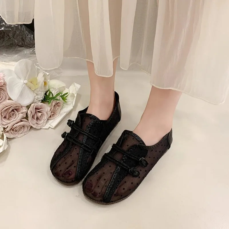 2026 Summer Mesh Breathable Polka Dot Single Shoes Women's Bow Mary Jane Shoes Soft Sole Non-slip Versatile