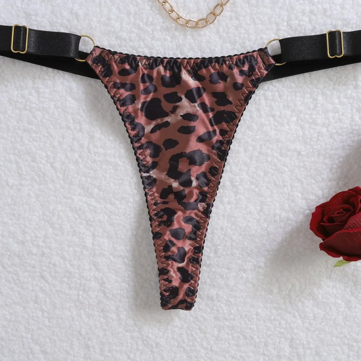 2025 Metal Chain Sexy Wild Leopard Pattern Hollow Cross Heavy Craftsmanship Body Shaping Sexy Underwear Five Piece Set