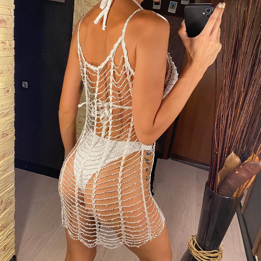 Luxury Bling Diamond Rhinestones Hollow Out Tunic Beach Cover Up Cover-ups Beach Dress Beach Wear Beachwear Female Women V4747SW