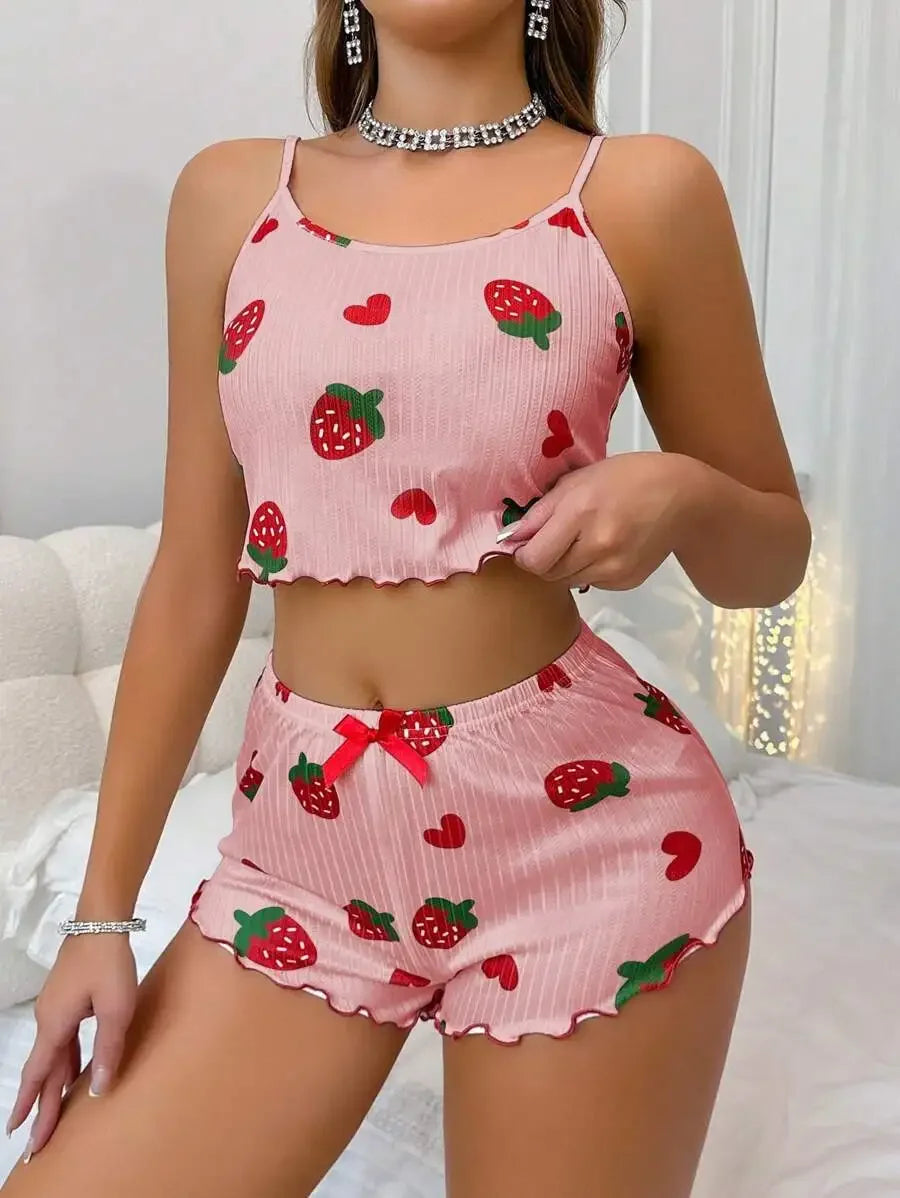 Summer Strawberry Print 2PCS Pajama Set Women's Casual Sleepwear Suspender Crop Tops and Shorts Comfortable Home Wear