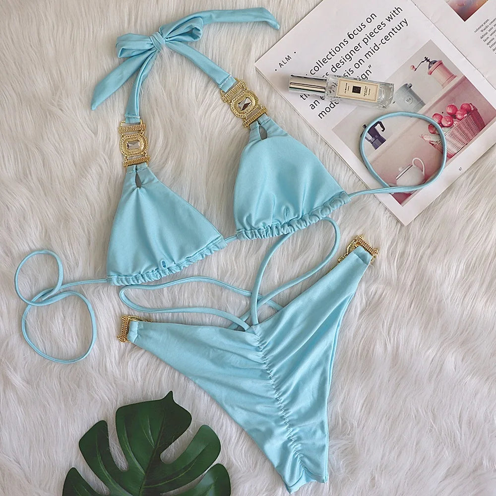 DEKA Solid Green Rhinestones Bikini Set Women Push Up Glitter Diamond Swimsuit Chain Metal Bathing Suit Luxury Thong Swimwear