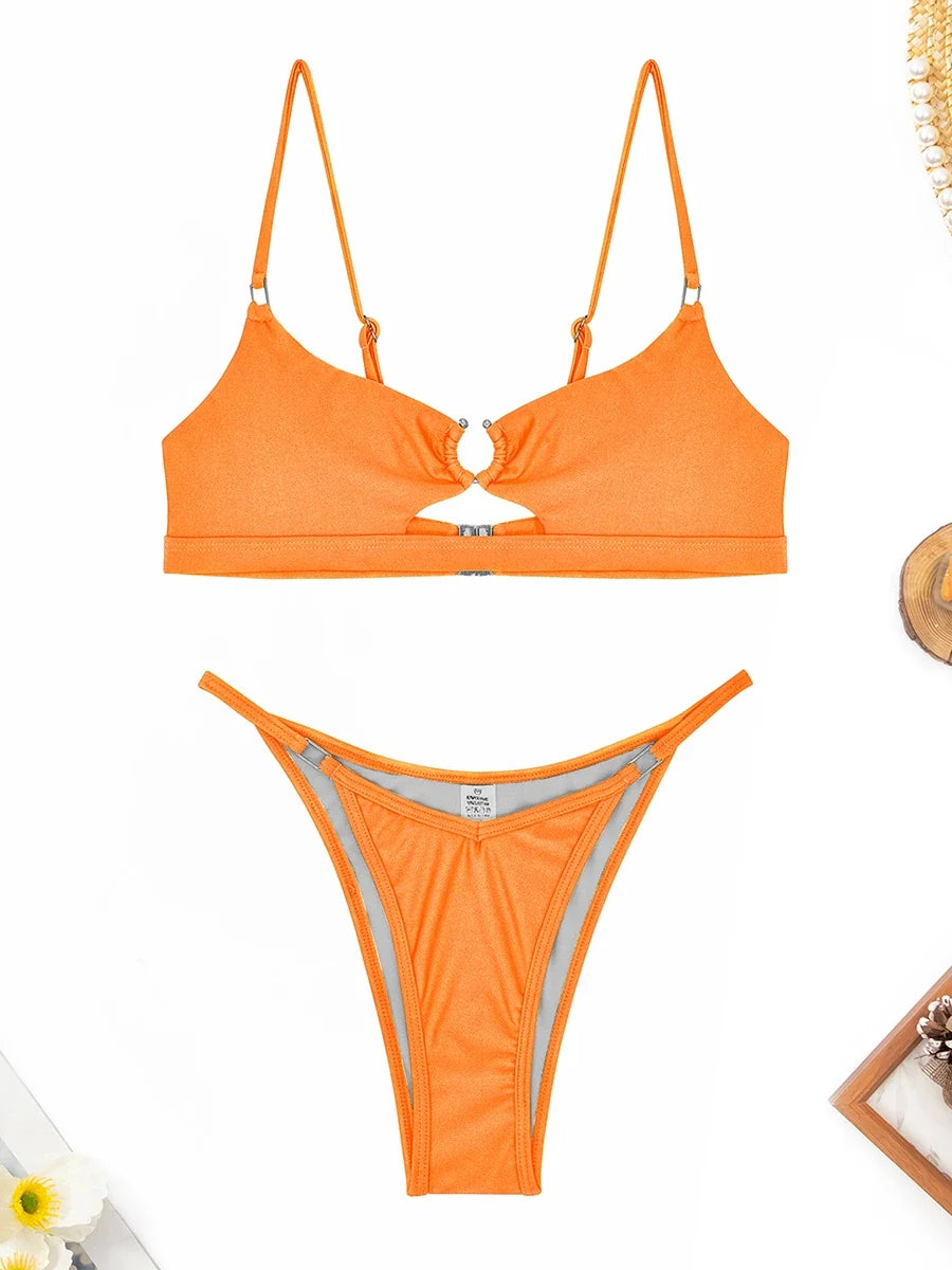 Hollow Out Bikini 2026 Solid Ring Link Swimsuit Women Padded Swimwear Female Bathers Bathing Swimming Swim Suit Beachwear