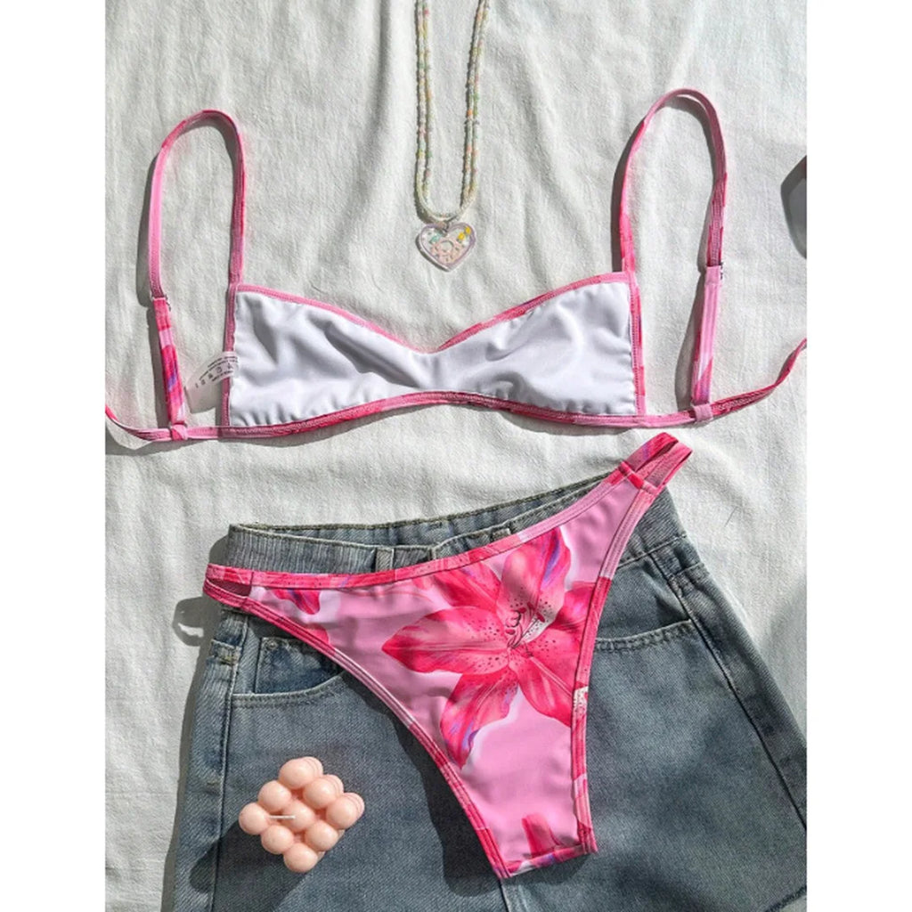 S - XL Flower Printed Bikini Female Swimsuit Women Swimwear Two-Pieces Bikini Set High Leg Cut Bather Bathing Suit Swim V7800