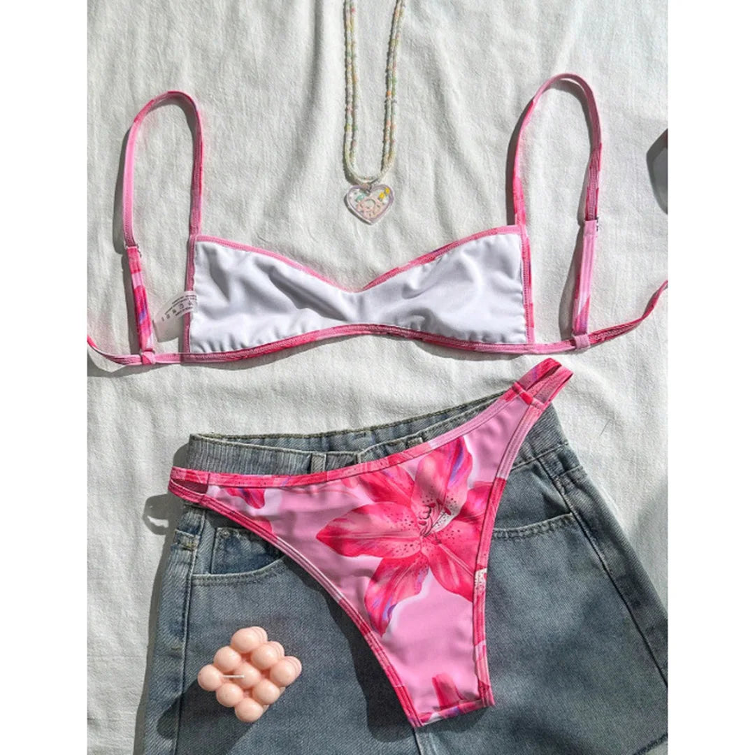 S - XL Flower Printed Bikini Female Swimsuit Women Swimwear Two-Pieces Bikini Set High Leg Cut Bather Bathing Suit Swim V7800