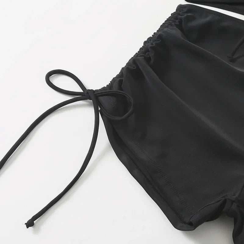 Black Drawstring Swimwear Bikinis Sets Mujer 2026 Crop Top Shorts Bottom Swimsuit Women Sexy Bathing Suit Beachwear Bikini Swim