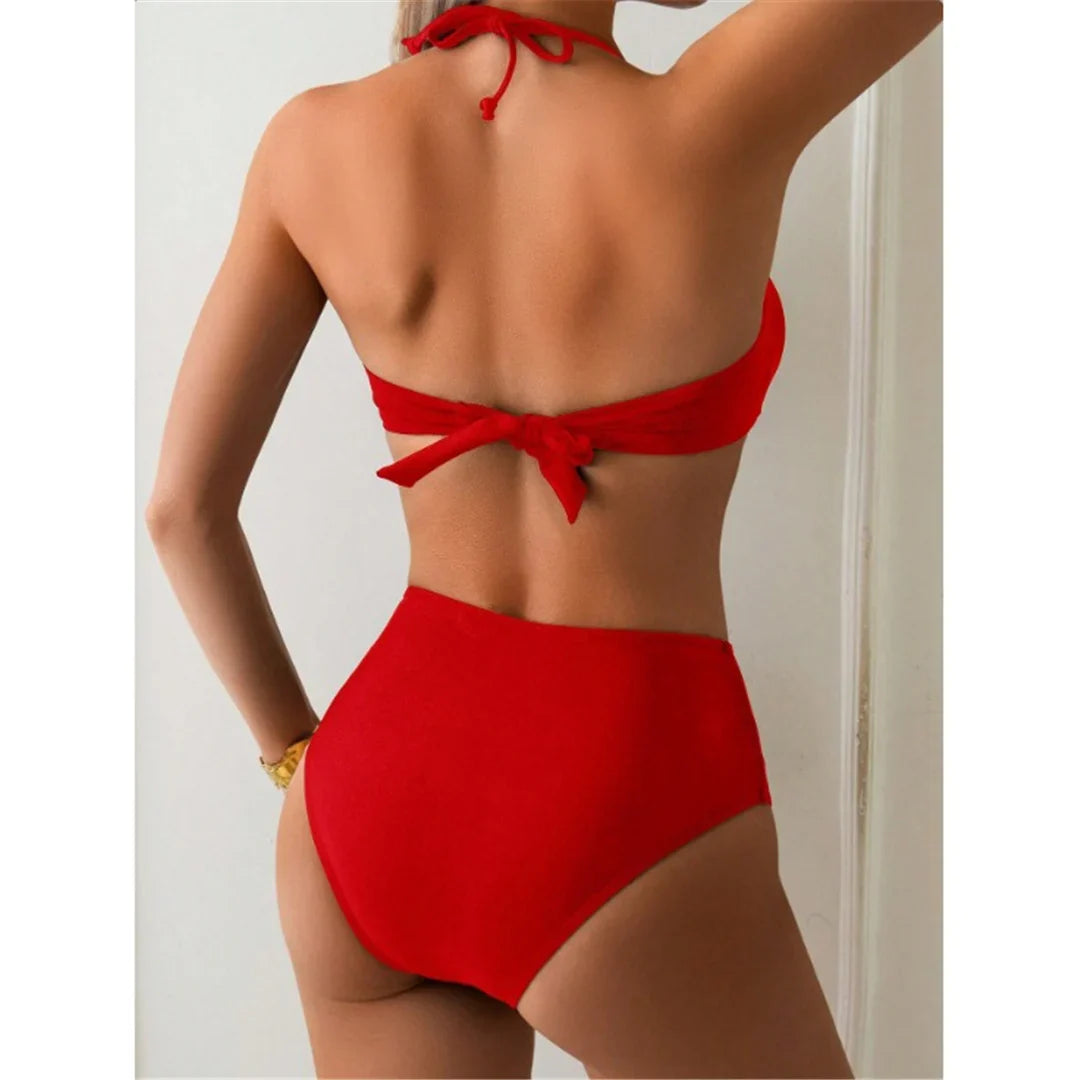 S - XL Metal Ring Halter Female Swimsuit High Waist Bikini Women Swimwear Two-Pieces Bikini Set Bather Bathing Suit Swim V6933