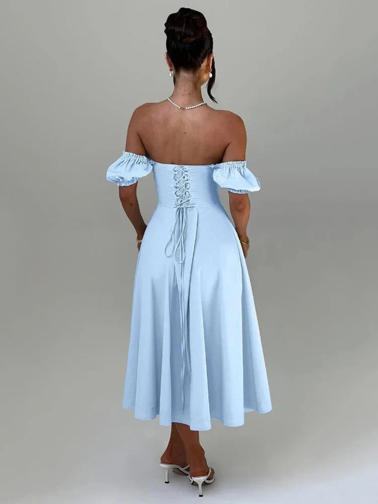 Bowknot Ruffles Light Blue Midi Dress Women's Summer Off Shoulder Short Sleeve Beach Dress Drawstring White A-line Vestidos 2025