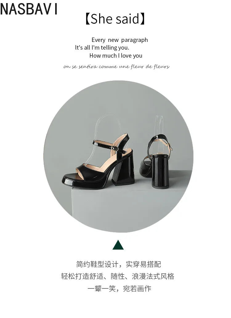 NASBAVI Women Patent Leather Sandals Super Chunky High Heeled Ankle Buckle Shoes Platform Summer Thick Heel Sandal Ladies 35-43
