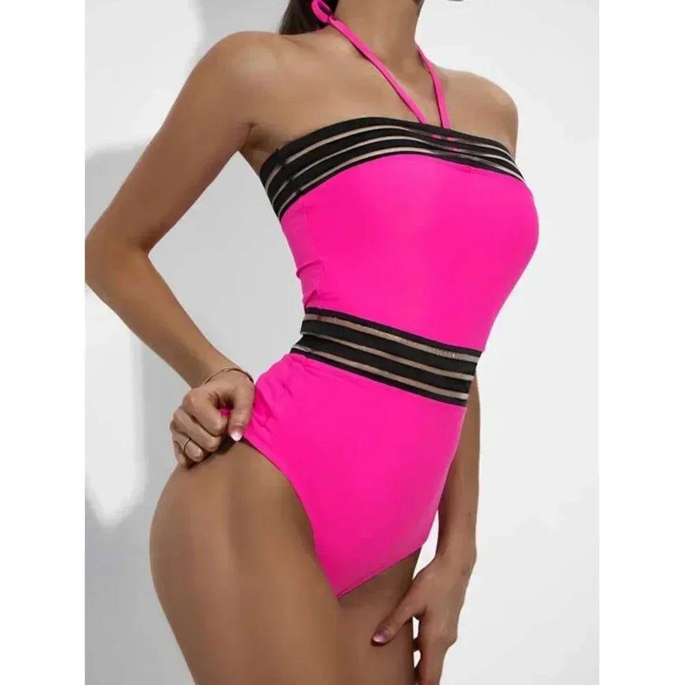 Sexy One Piece Swimsuit Swimwear Women Hollow Mesh Patchwork Halter High Waist Beachwear Bathing Suit 2026 Maillot De Bain Femme