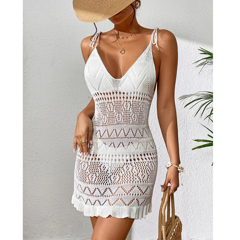 DEKA Style Knitting Multicolor Slip Dress Fashion Hollow Out Short Dress Women's Beach Holiday Bikini Cover Up Fishnet Crochet S