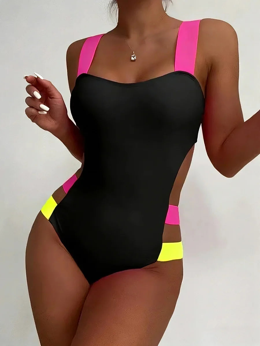Splicing Black Contrast Women Swimwear One Piece Swimsuit Female Monokini High Cut Bather Backless Bathing Suit Swim Beachwear