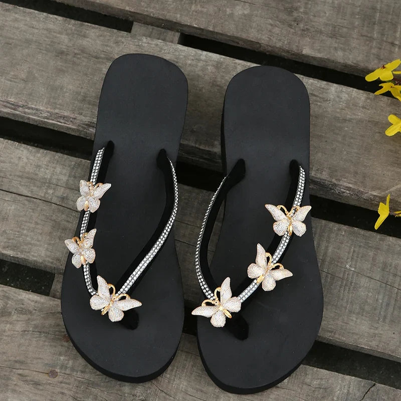 Luxury Crystal Butterfly Wedge Heel Flip Flops Women Fashion Clip Toe Thick Bottom Slippers Woman Summer Beach Non Slip Slides
