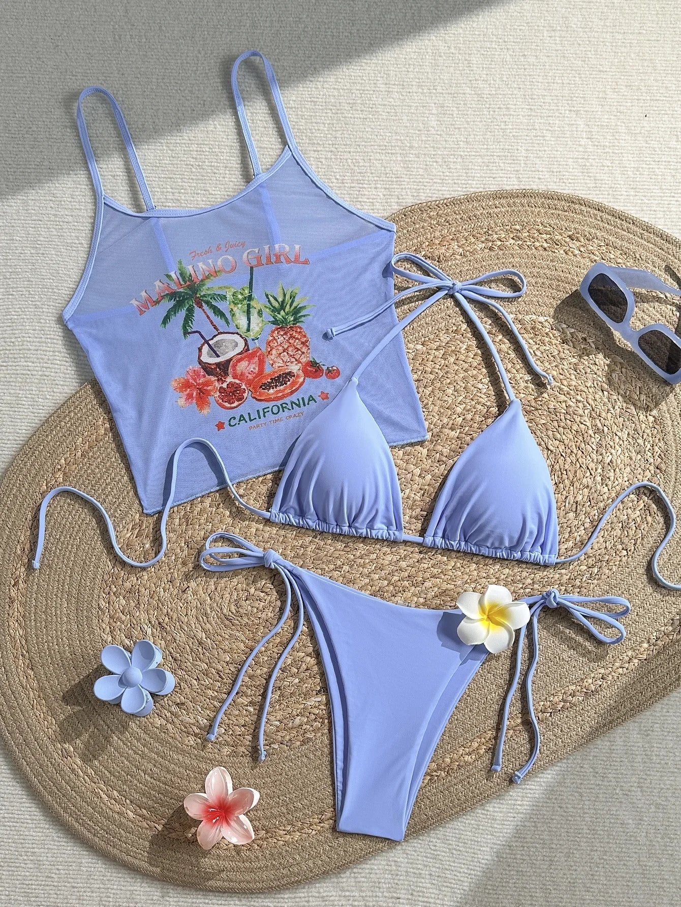 Vintage 3D Flower Thong Bikini Set 2026 Women Summer Fruit Print Cover Up 3 Piece Swimwear Push Up Bra Bathing Suit Swimsuit
